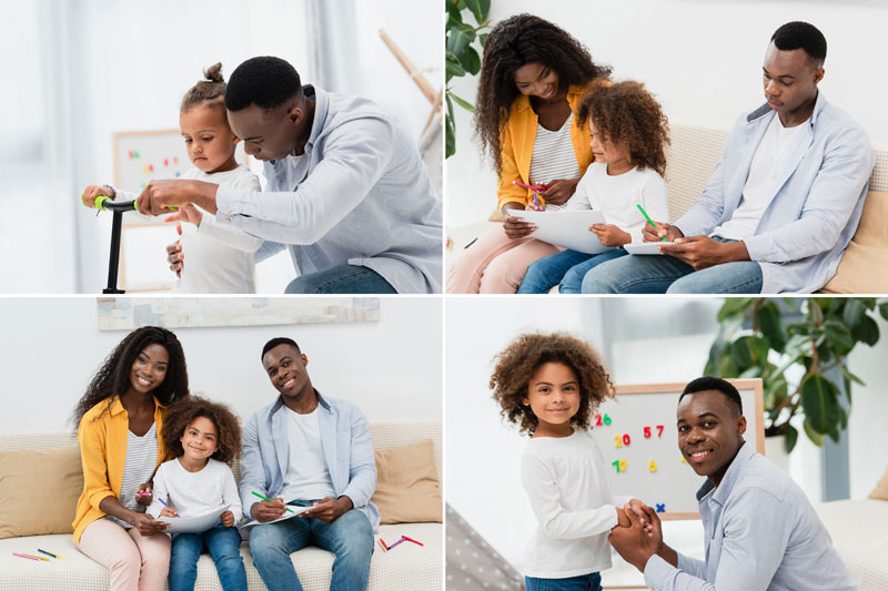 Collage of parents engaging with their child in various activities, illustrating different parenting styles at home.
